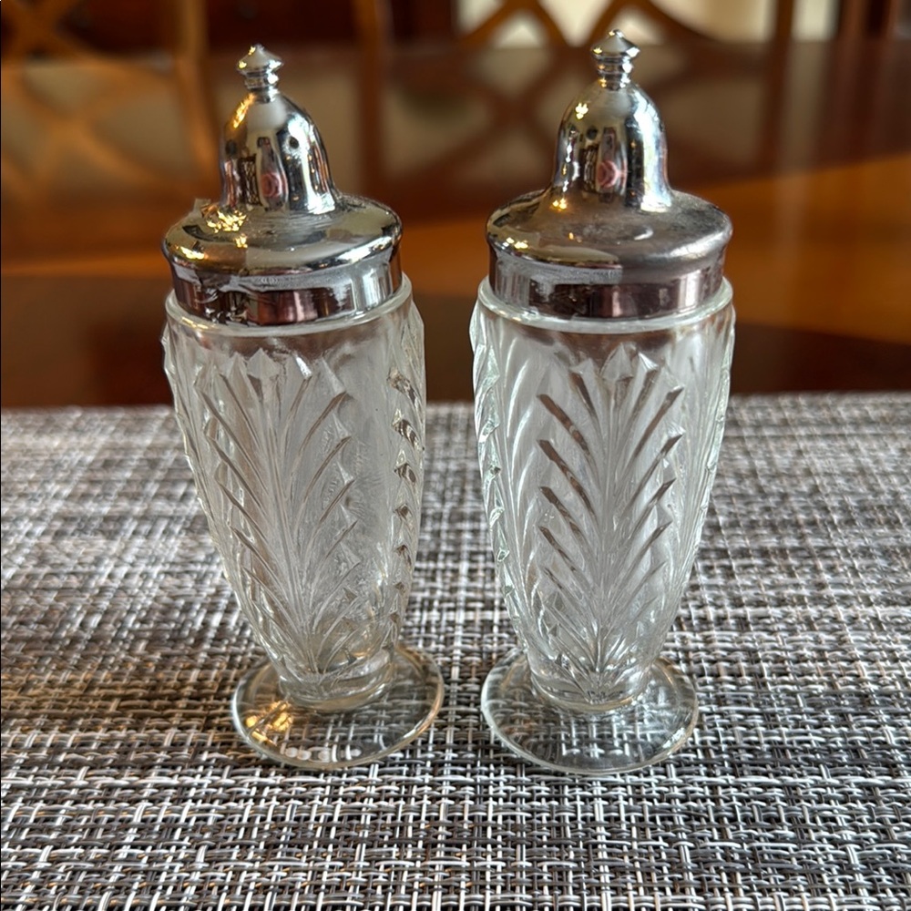 Vintage Glass Salt and Pepper Shakers with Silver Tops